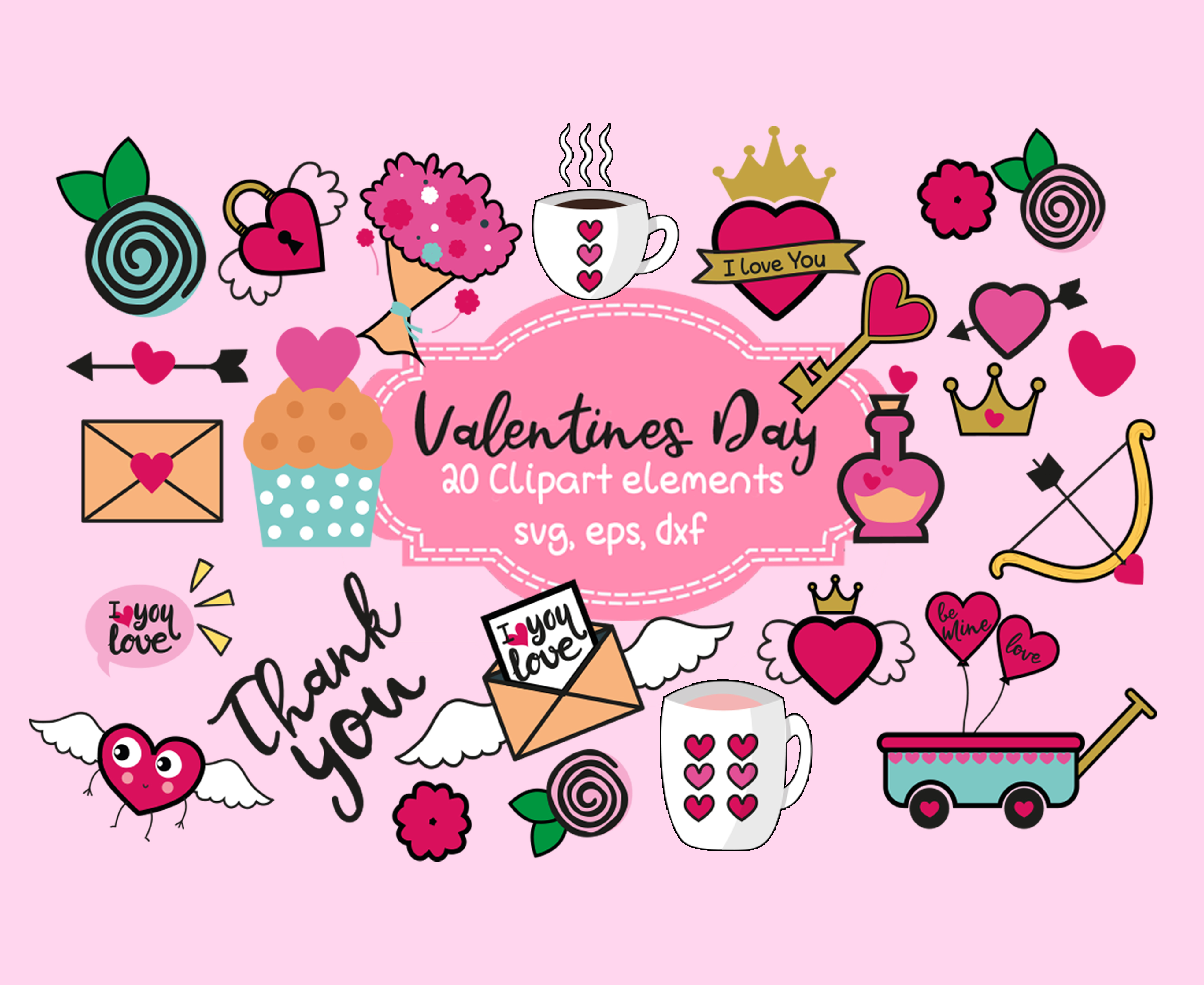 Valentine's day elements, heart svg, coffee cup, happy mail, cupid