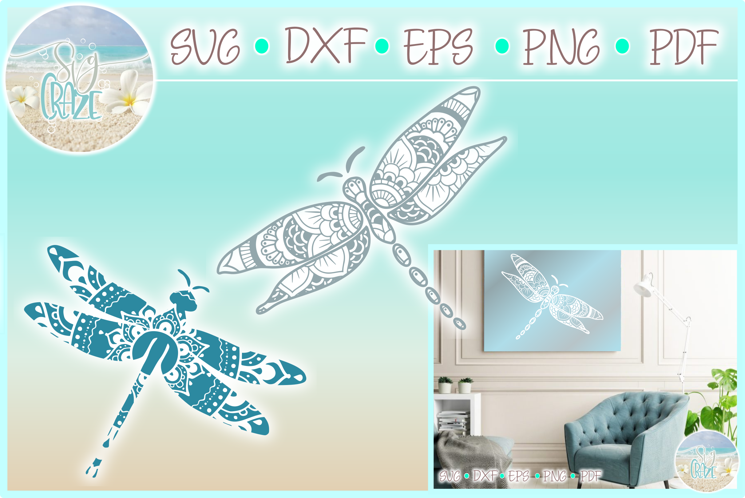 Download Dragonfly Mandala Zentangle SVG Dxf Eps Png PDF files