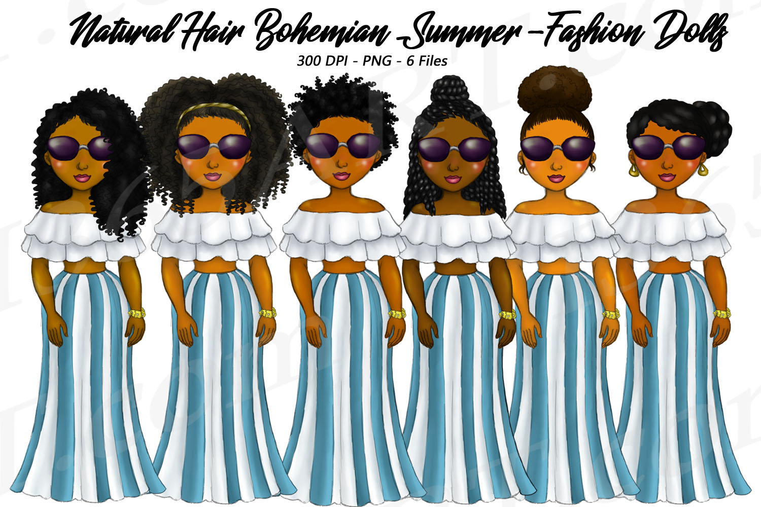 Bohemian Stripes Summer Clipart Black Girls Natural Hair