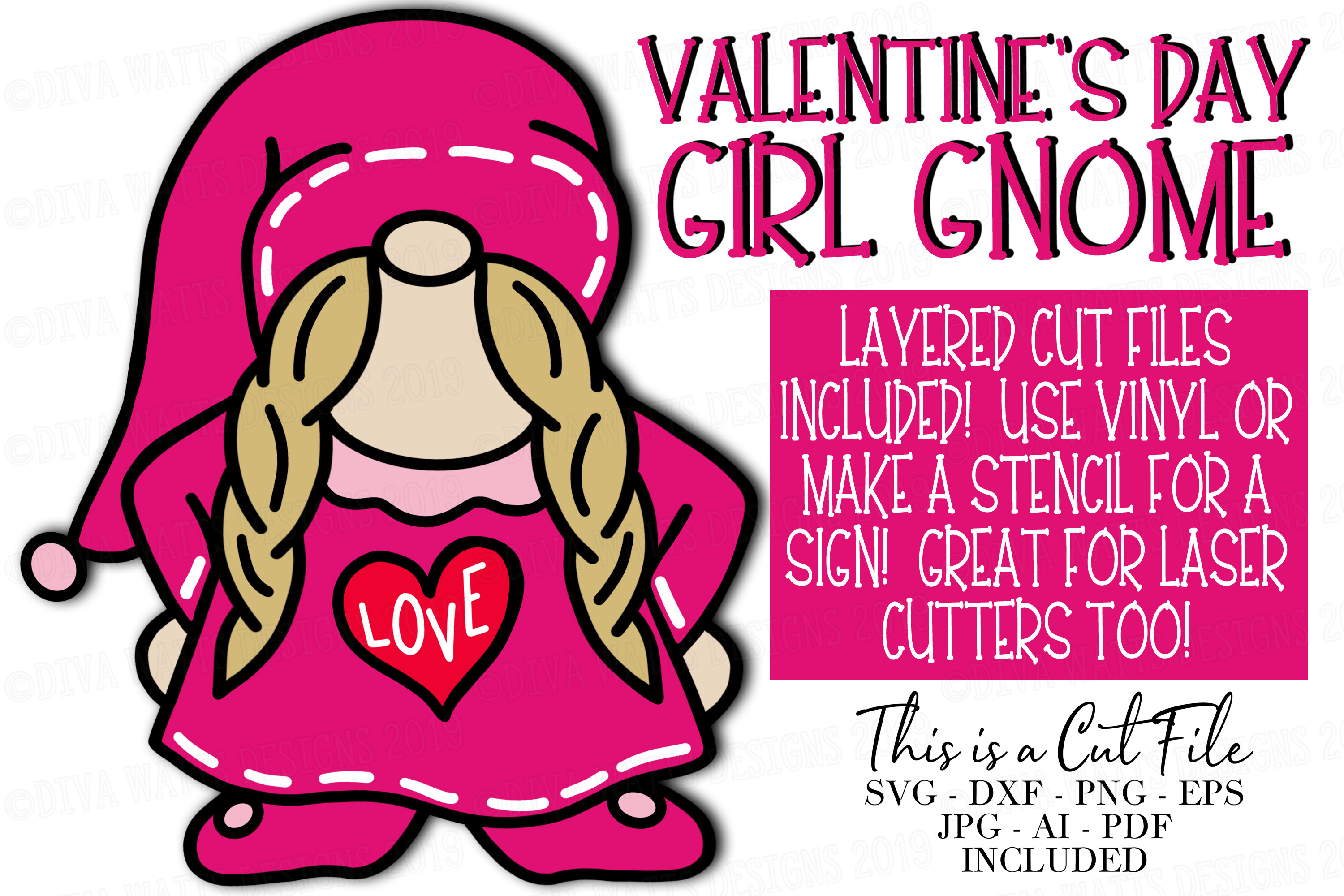 Download Valentines Day Girl Gnome - SVG Cutting Files and Clipart