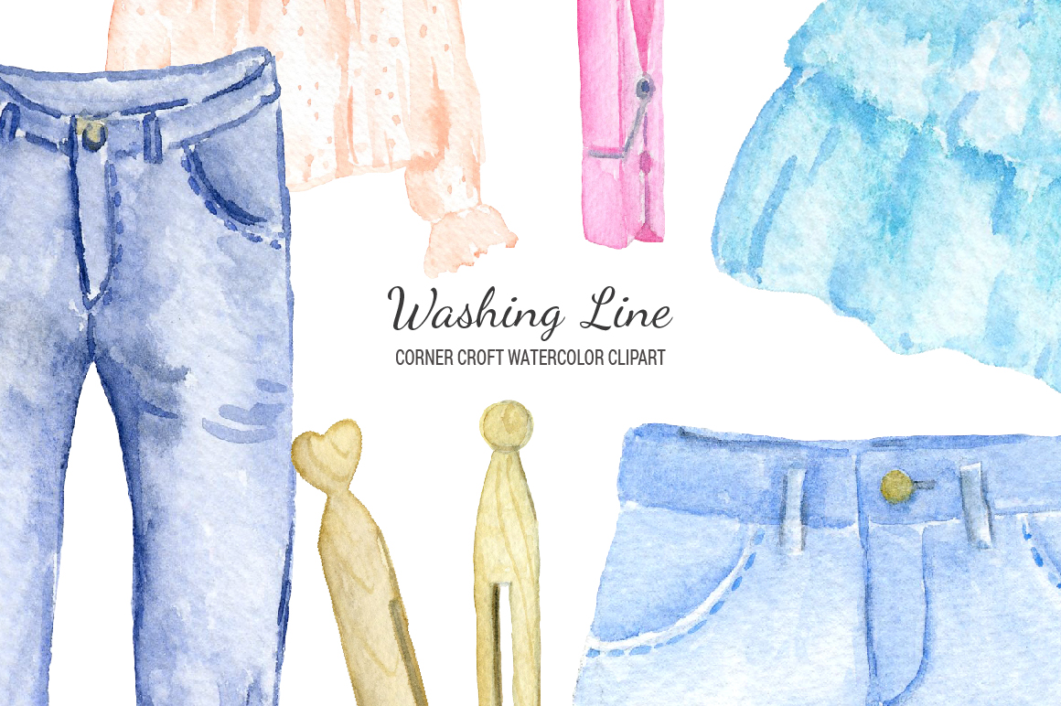 Watercolor washing line clipart, clothes line clipart, fashion clothes
