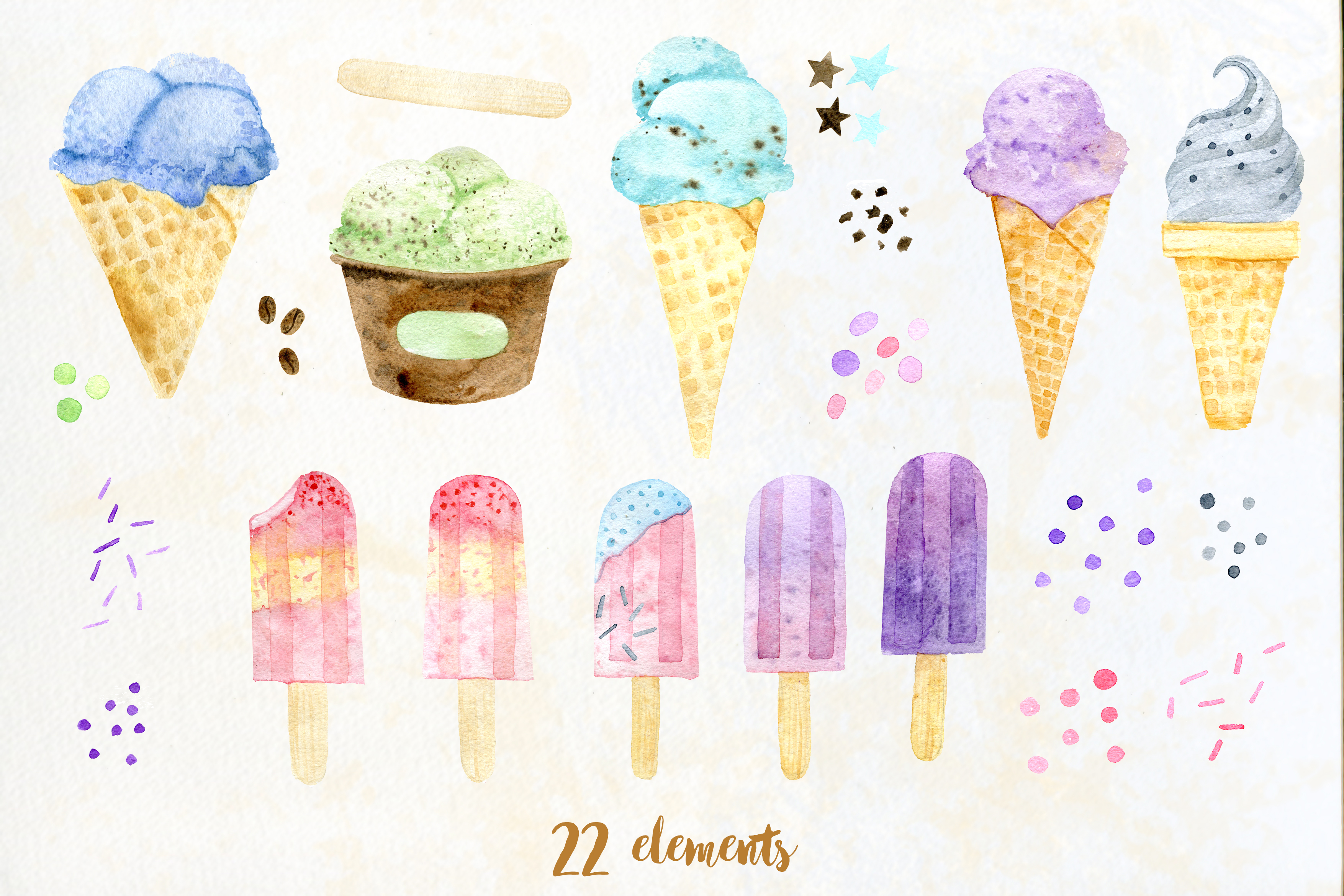 Watercolor ice cream. Summer dessert