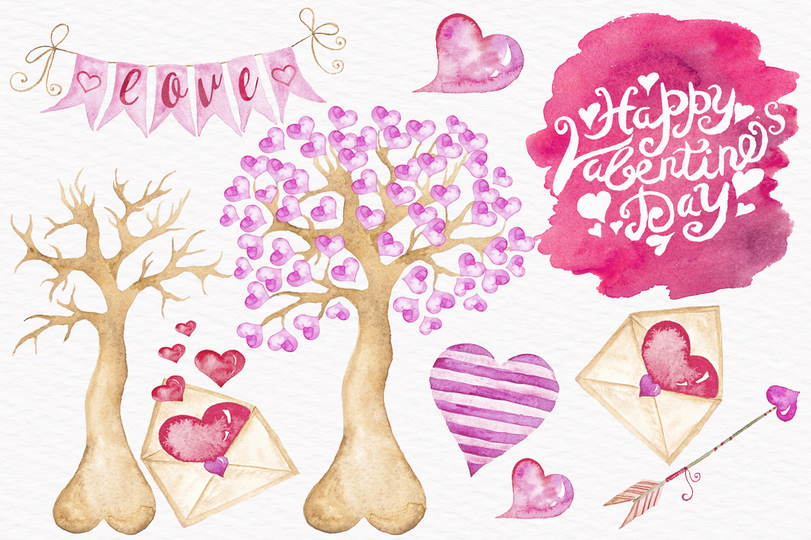 Happy Valentines Day Hand Painted Watercolor Kit Illustration