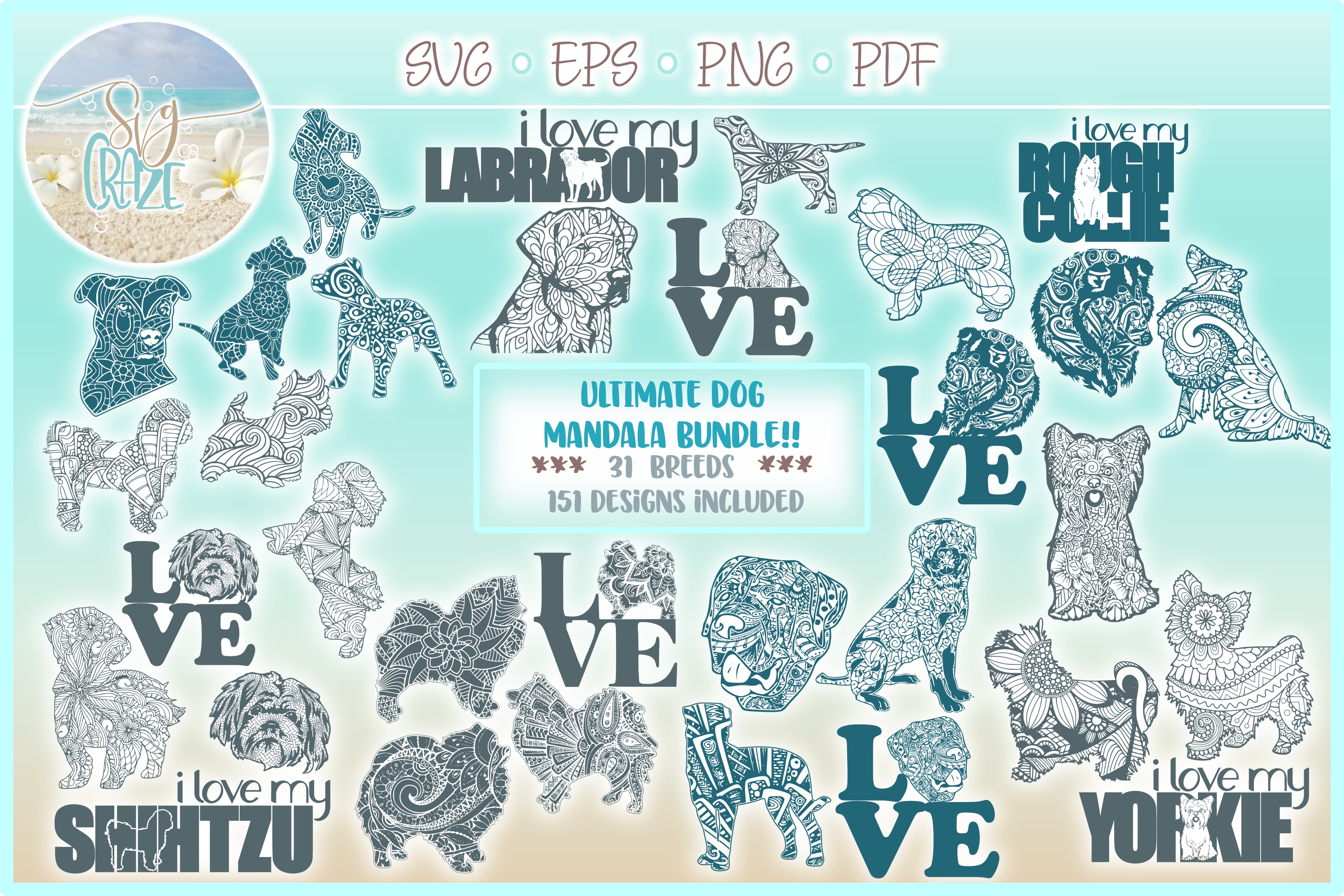 Download 151 Dog Mandalas! Ultimate Dog Mandala Zentangle Svg Dxf Eps