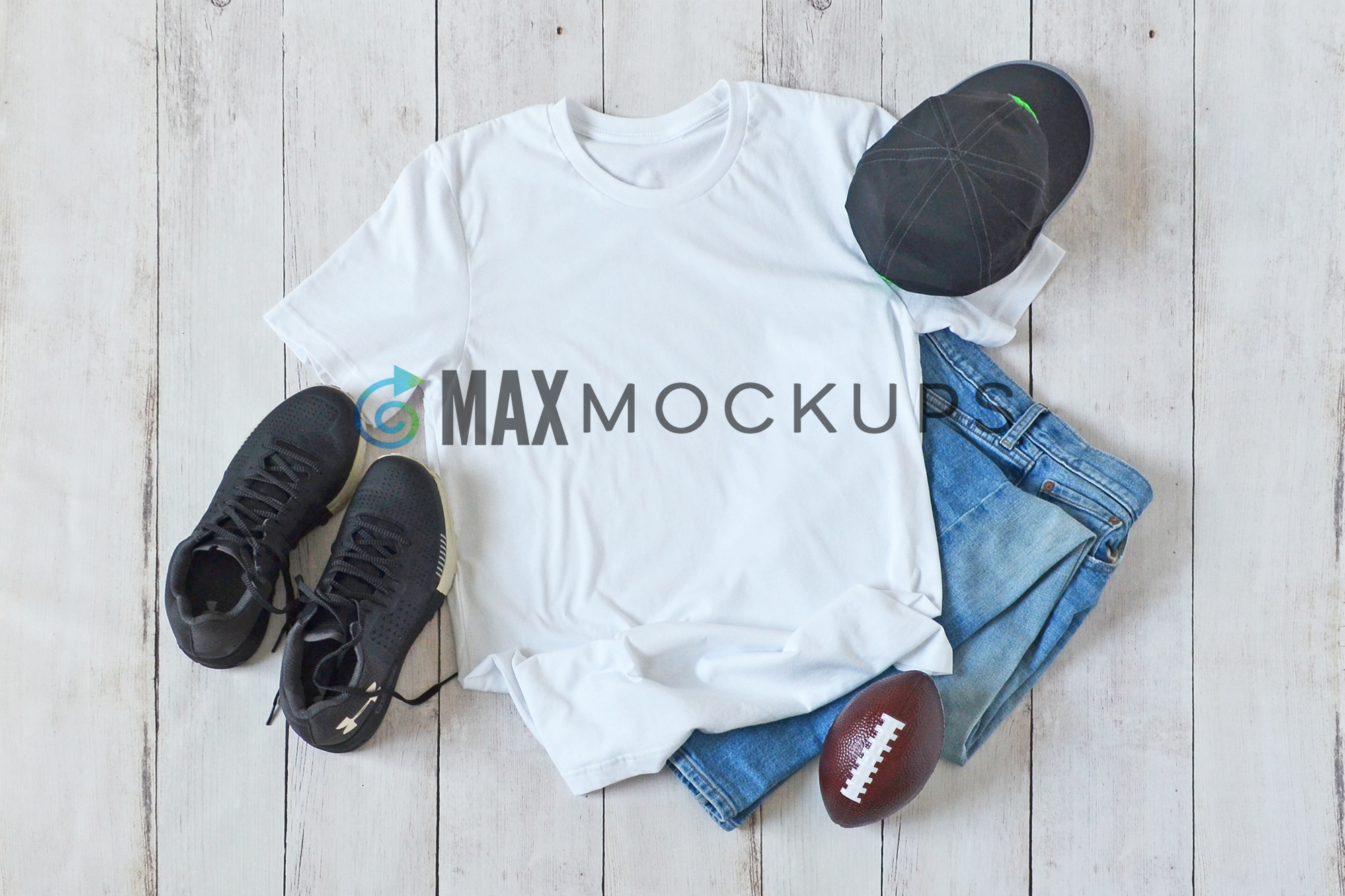 Download White t-shirt Mockup, guys men jeans shoes football flatlay (299798) | Clothing | Design Bundles