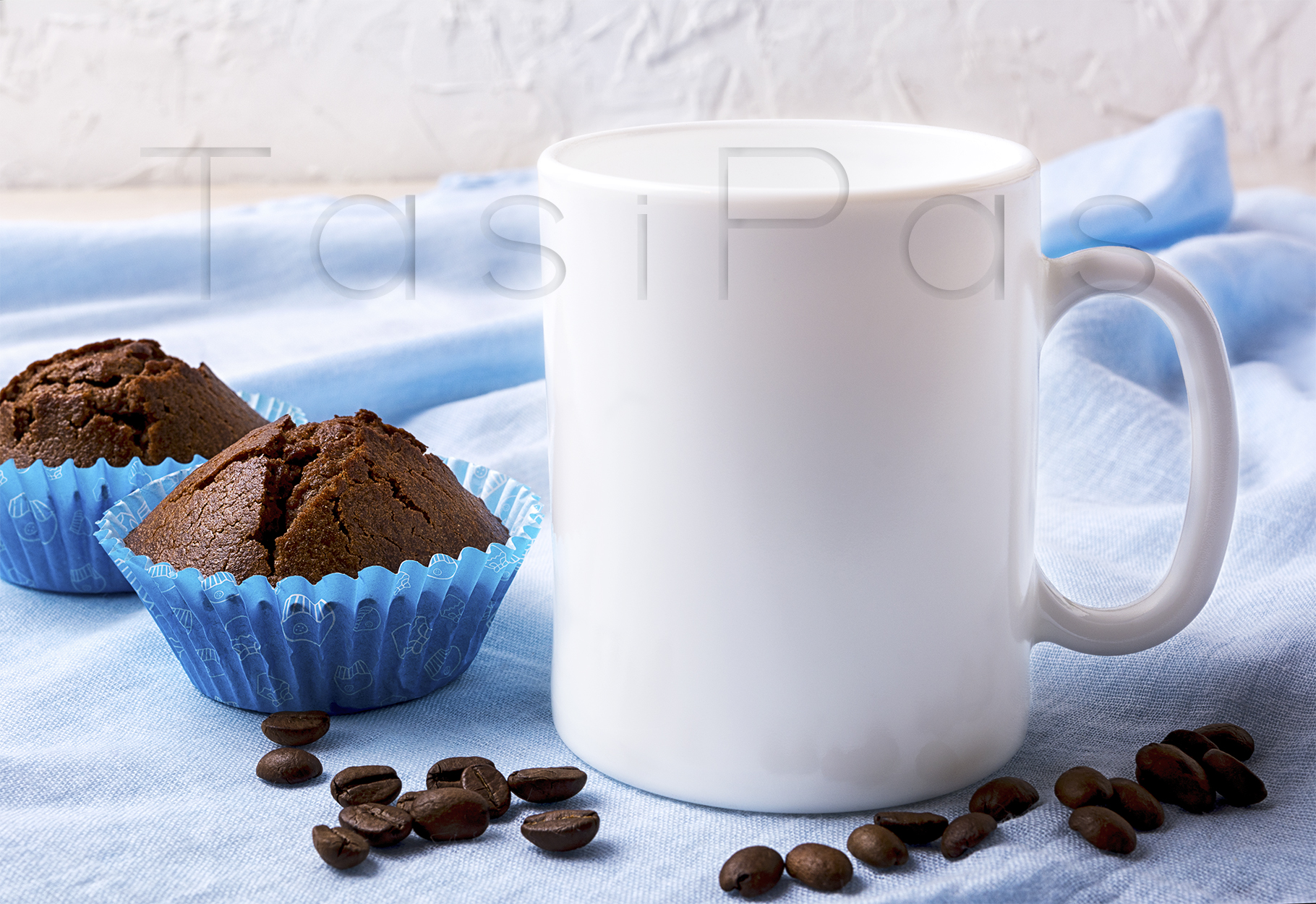 Download White mug mockup with coffee beans and two chocolate muffins (73243) | Mock Ups | Design Bundles