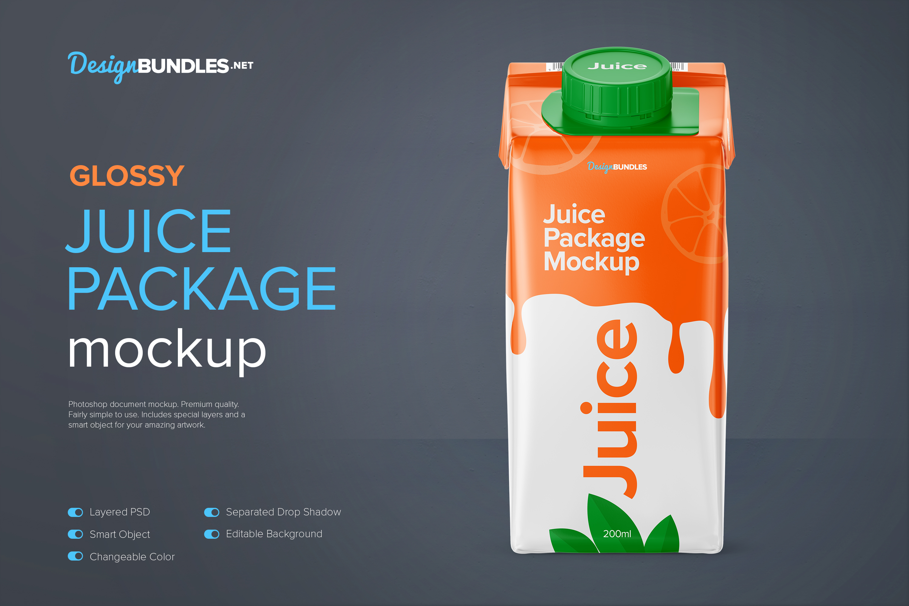 200ml Glossy Juice Carton Package Mockup Front View
