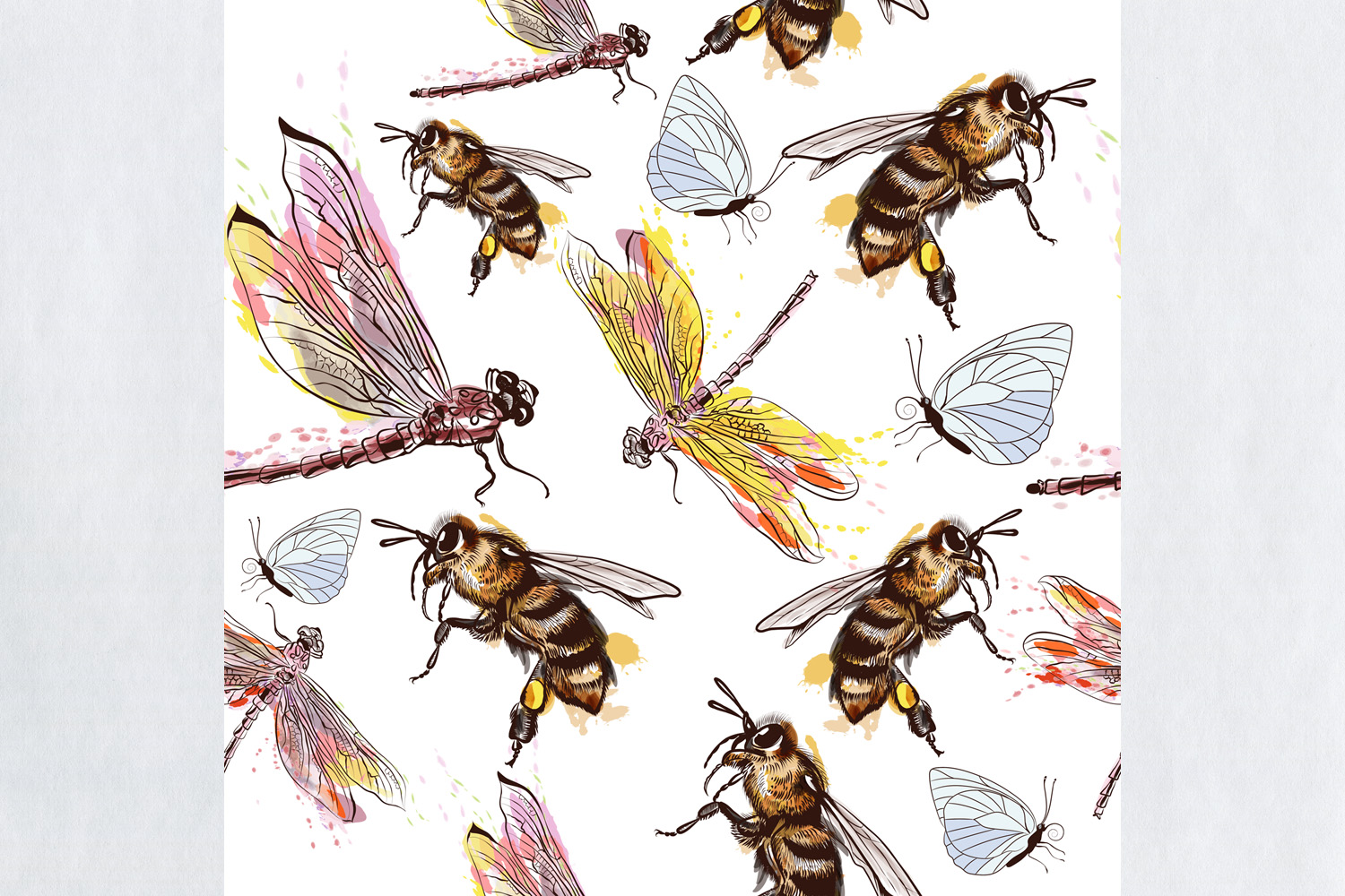 Beautiful pattern or background with dragonfly, bees (334164 ...