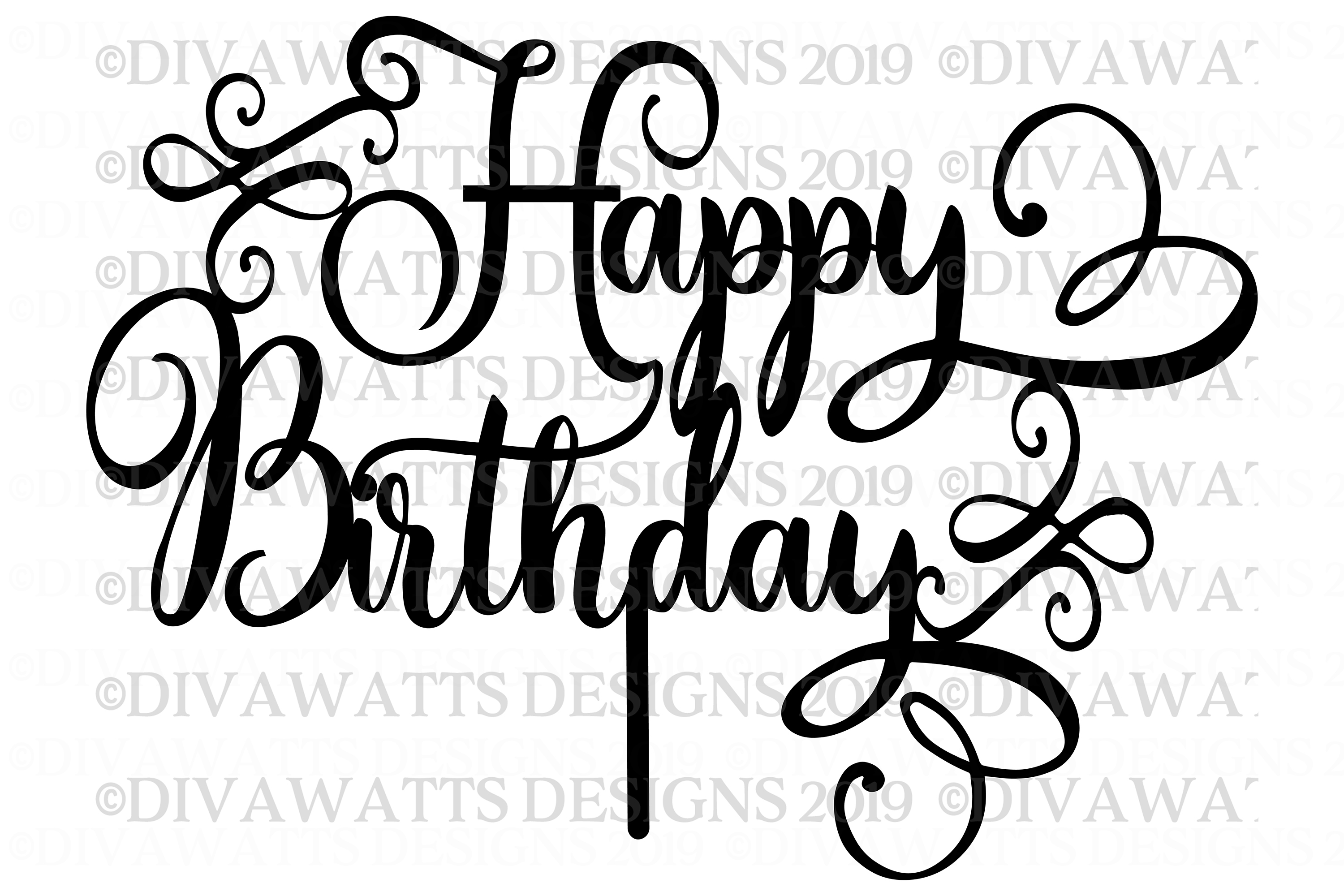 Happy Birthday Cake Topper - Swirls - Script - Simple - SVG