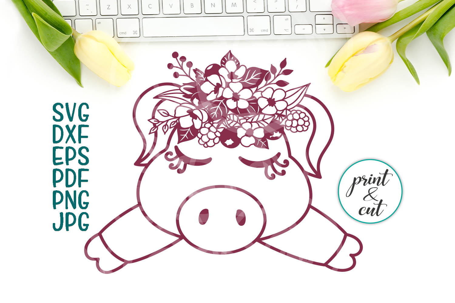 Download pig face svg file, baby pig with flowers iron on cut sample