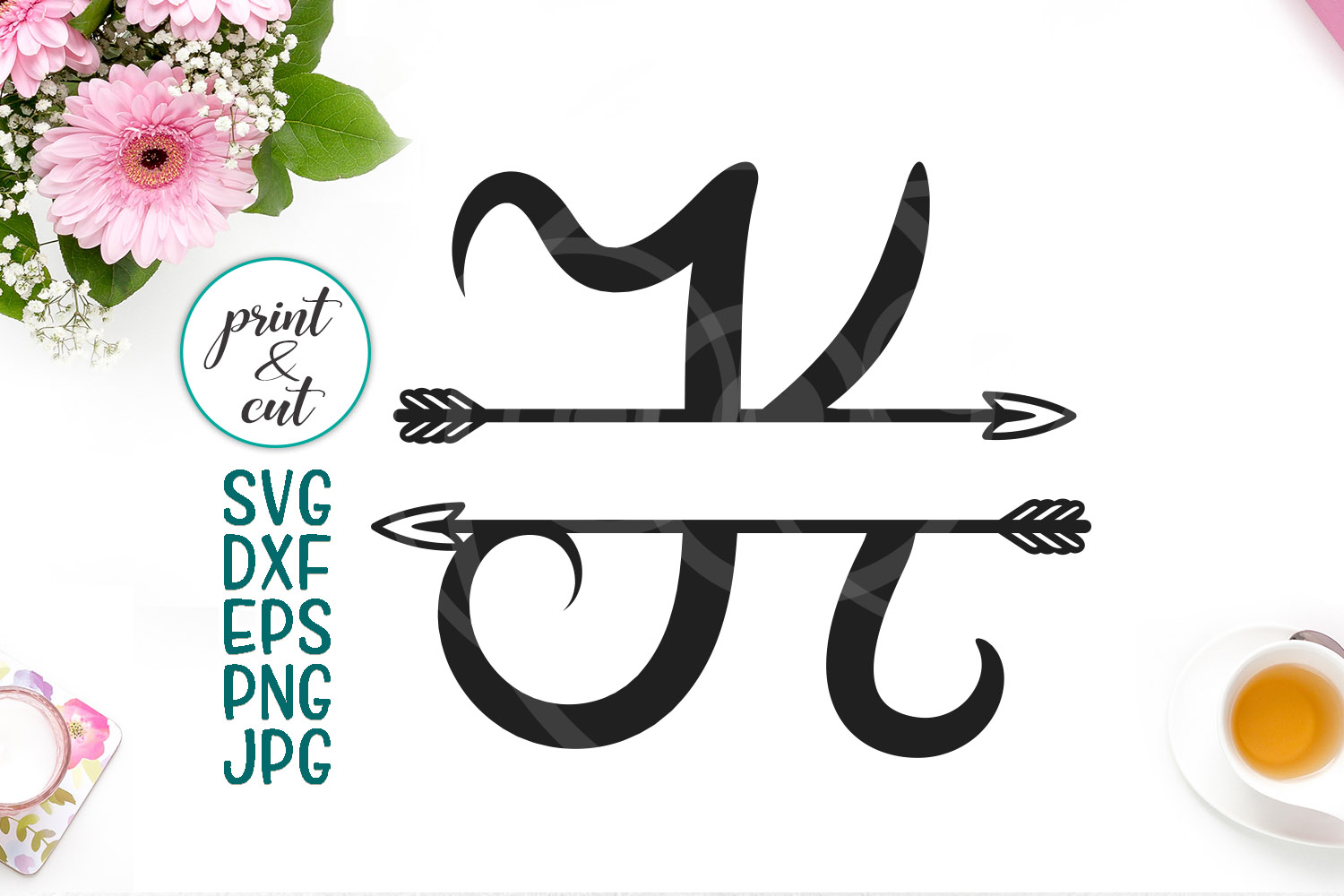 Split Monogram letters K with arrows for print cut dxf svg
