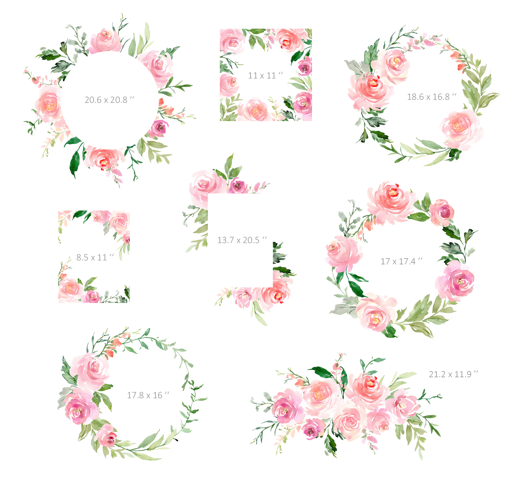 Romantic Watercolor Pink Flowers, Wreaths, Frames, Bouquet (279063 ...