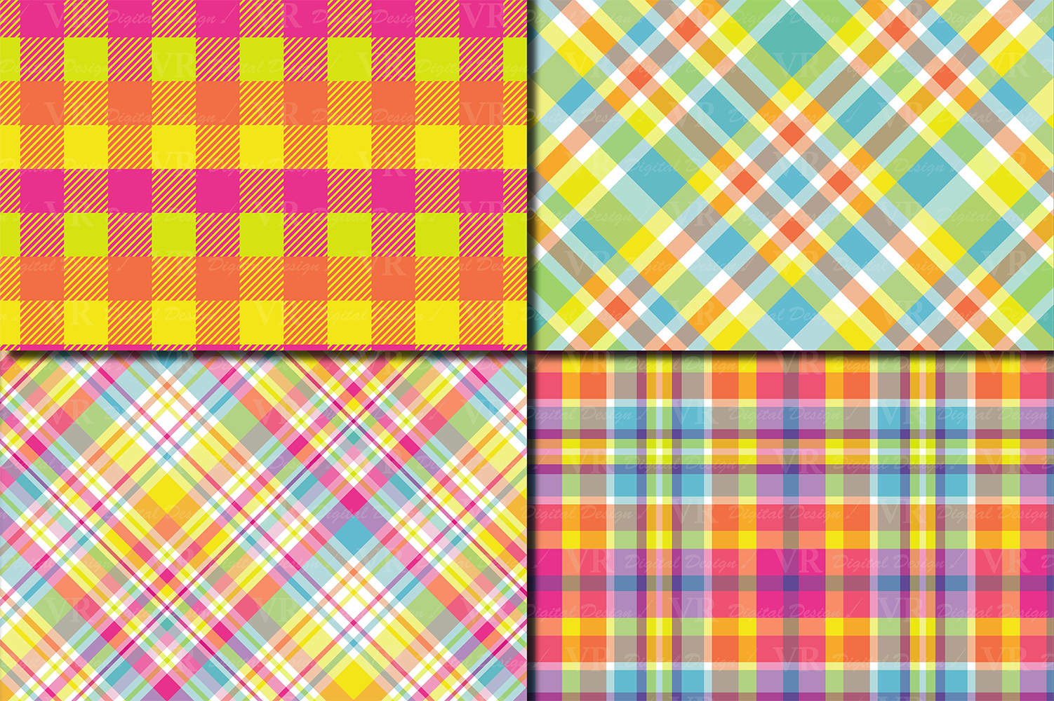 Bright Summer Plaid Digital Paper  Summer Multicolored Plaid 