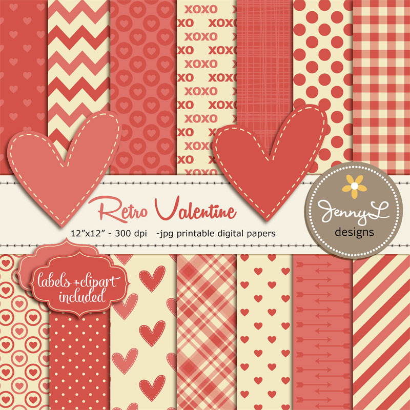 Retro Valentines Day Digital Papers Valentine Heart Love Digital Scrapbooking Papers Romance 5191