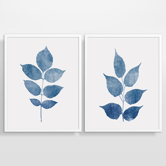 Set Of 2 Prints Leaves Wall Art Blue Leaf Print Botanical Navy