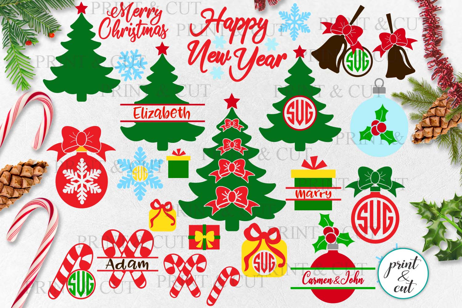 Download Christmas elements bundle Tree Baubles Bell Candy Cane svg ...
