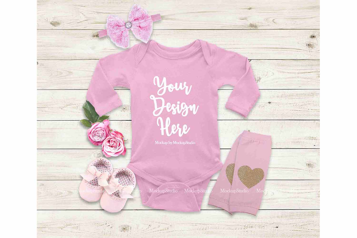 Download Baby Girl Pink Longsleeve Bodysuit Mockup, Newborn Mock Up