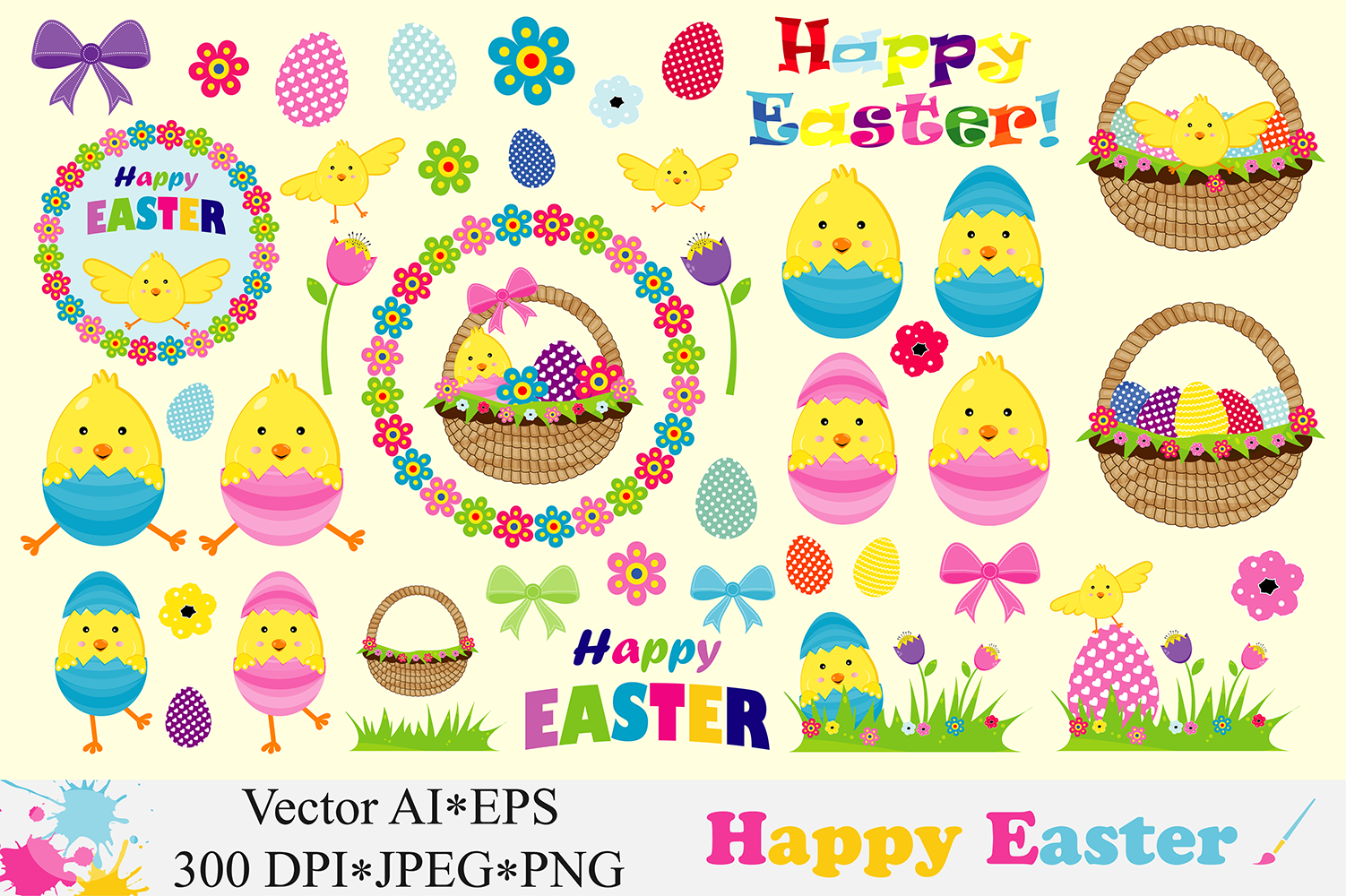 Happy Easter Clipart / Cute Easter chick, basket, eggs ...