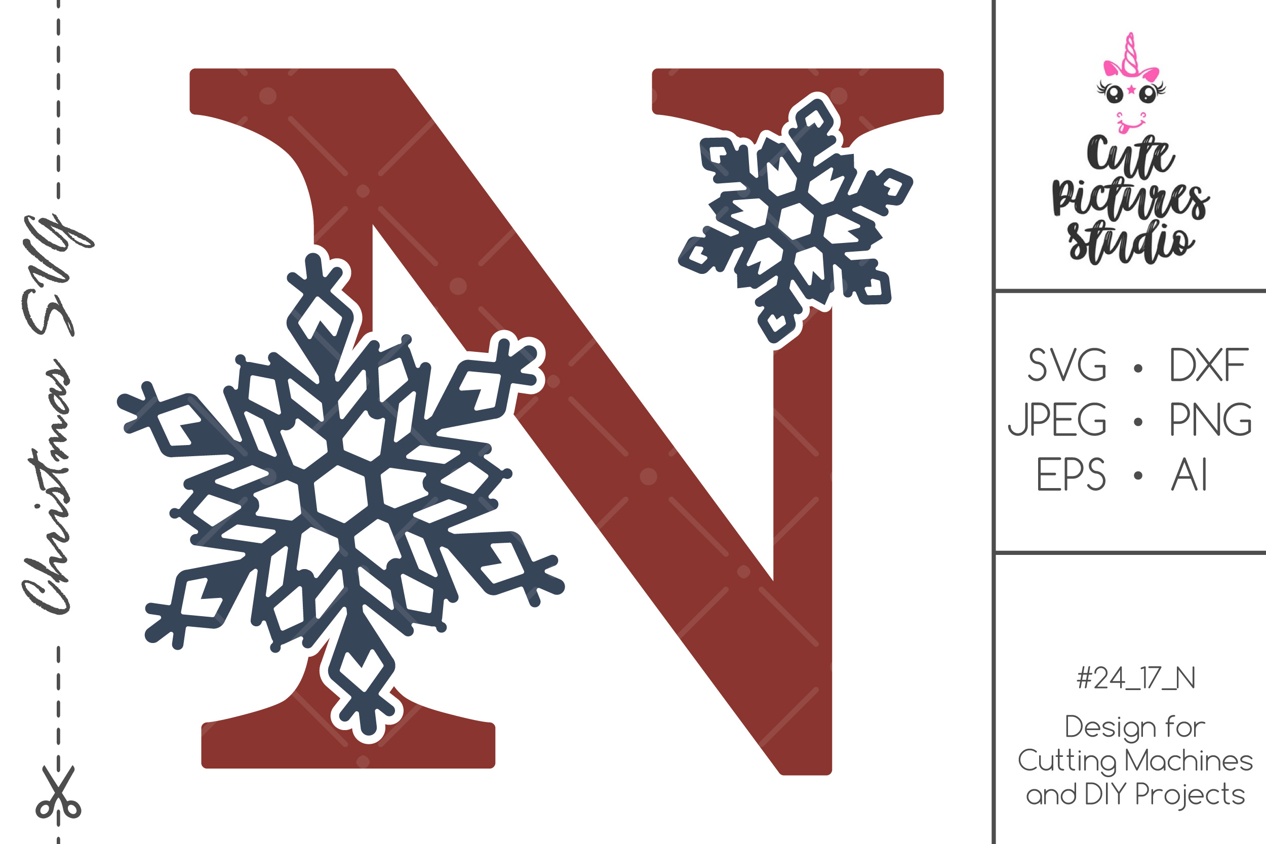 Christmas monogram svg. Snowflake letter 'N' SVG, DXF, PNG