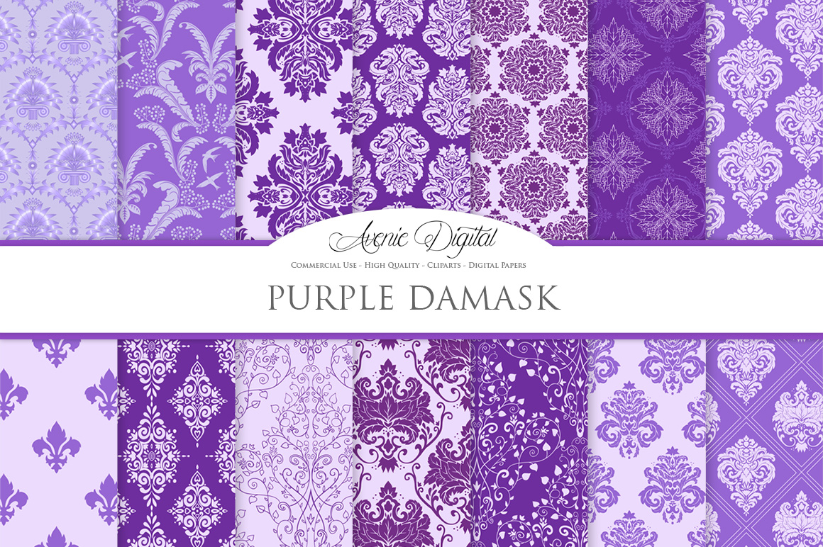 28 Purple Damask Patterns Seamless Digital Papers Bundle
