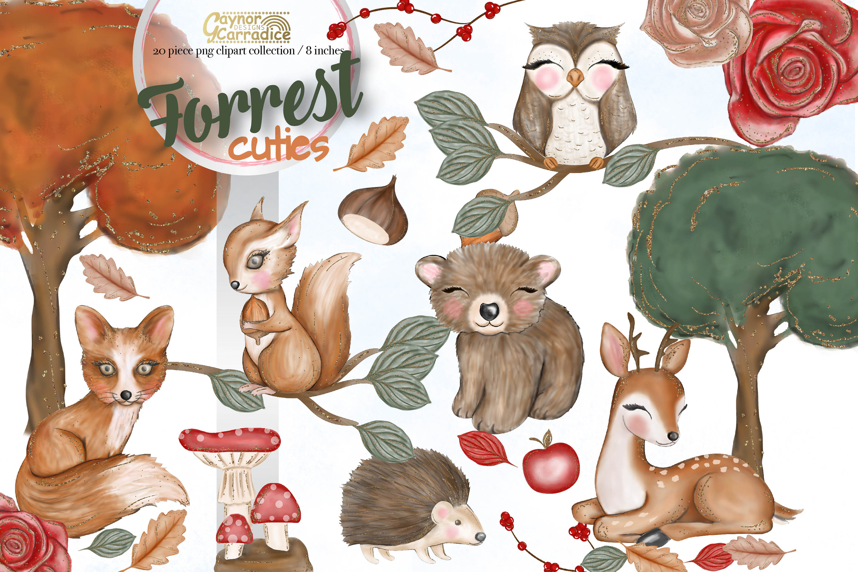 Forrest cuties, woodland animals watercolor clipart