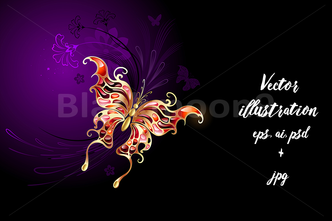 Gold Butterfly on a Purple Background (33424) | Illustrations | Design