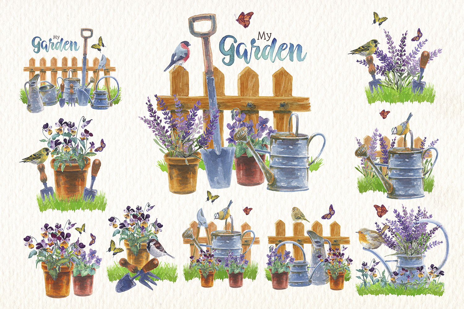 watercolor in the garden clip art (77789) | Illustrations | Design Bundles