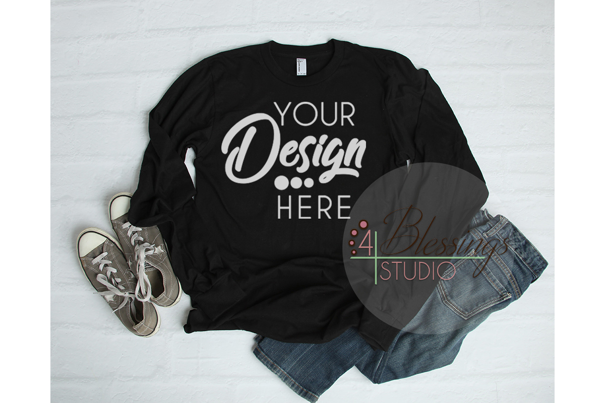 Black Long Sleeve Tshirt Mock up Unisex Shirt American (138625) | Mock Ups | Design Bundles