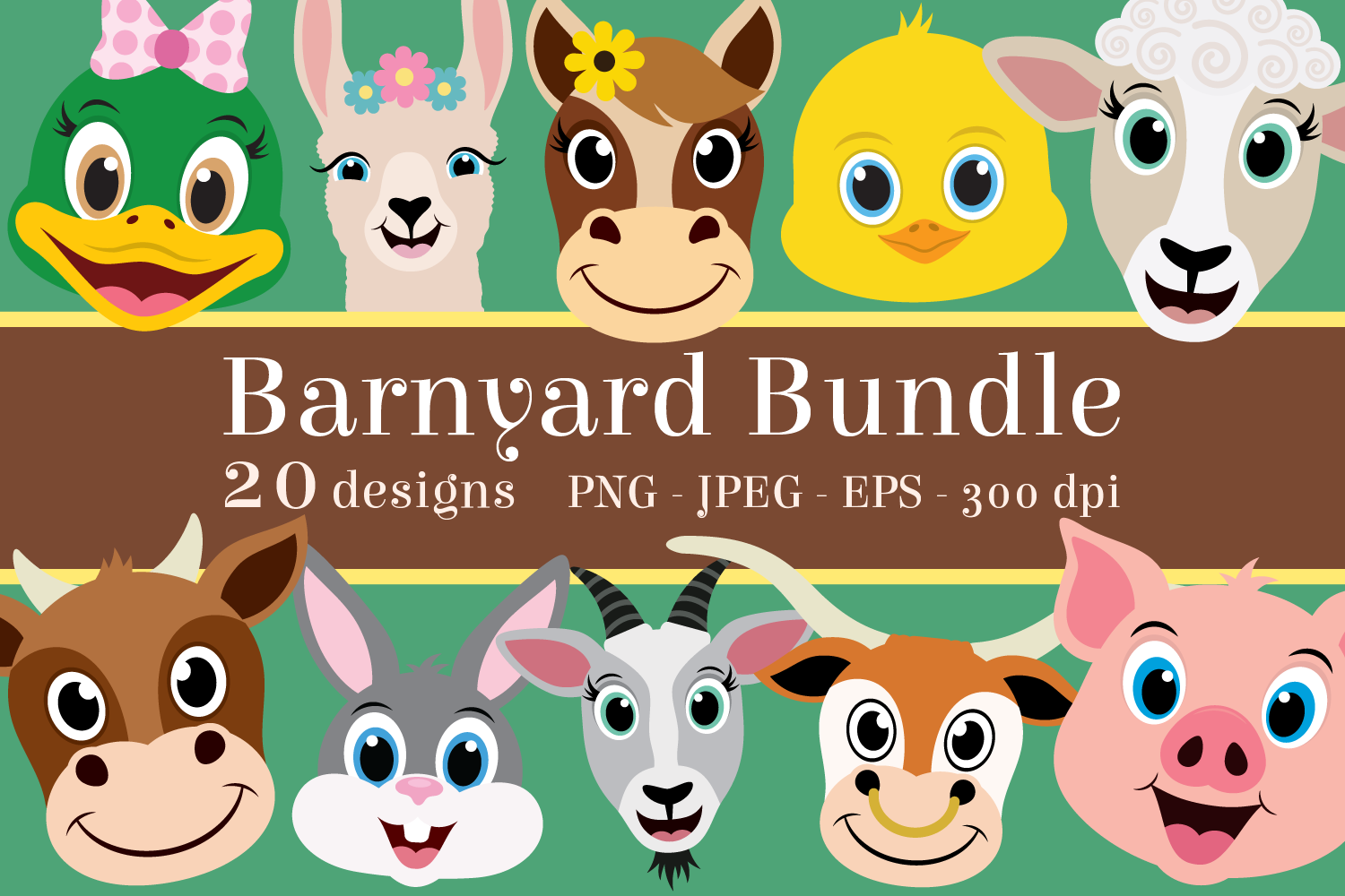 Barnyard Animal Clipart Bundle Happy Faces Png Jpeg Eps