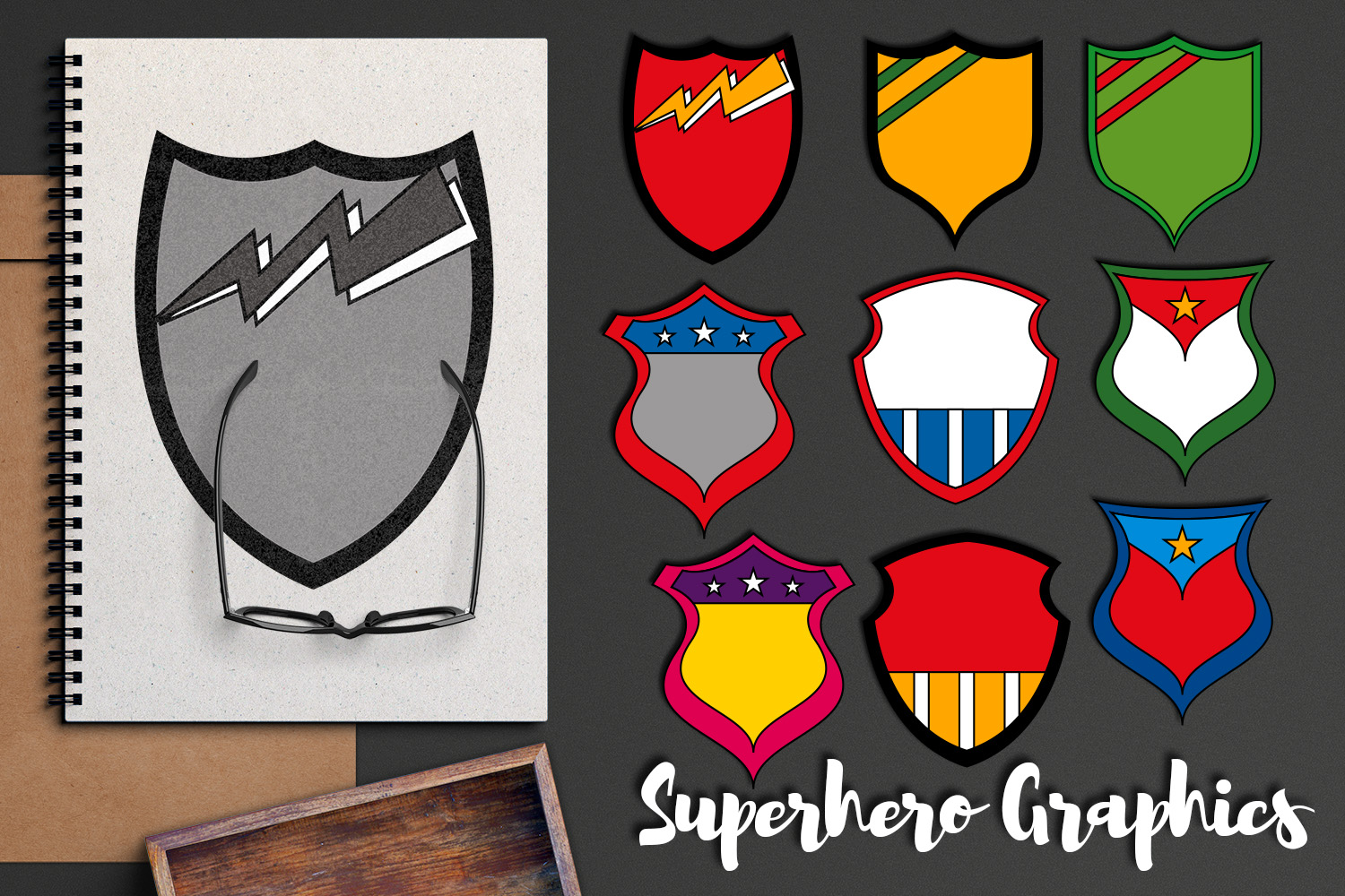 Superhero shield badges graphics and illustrations