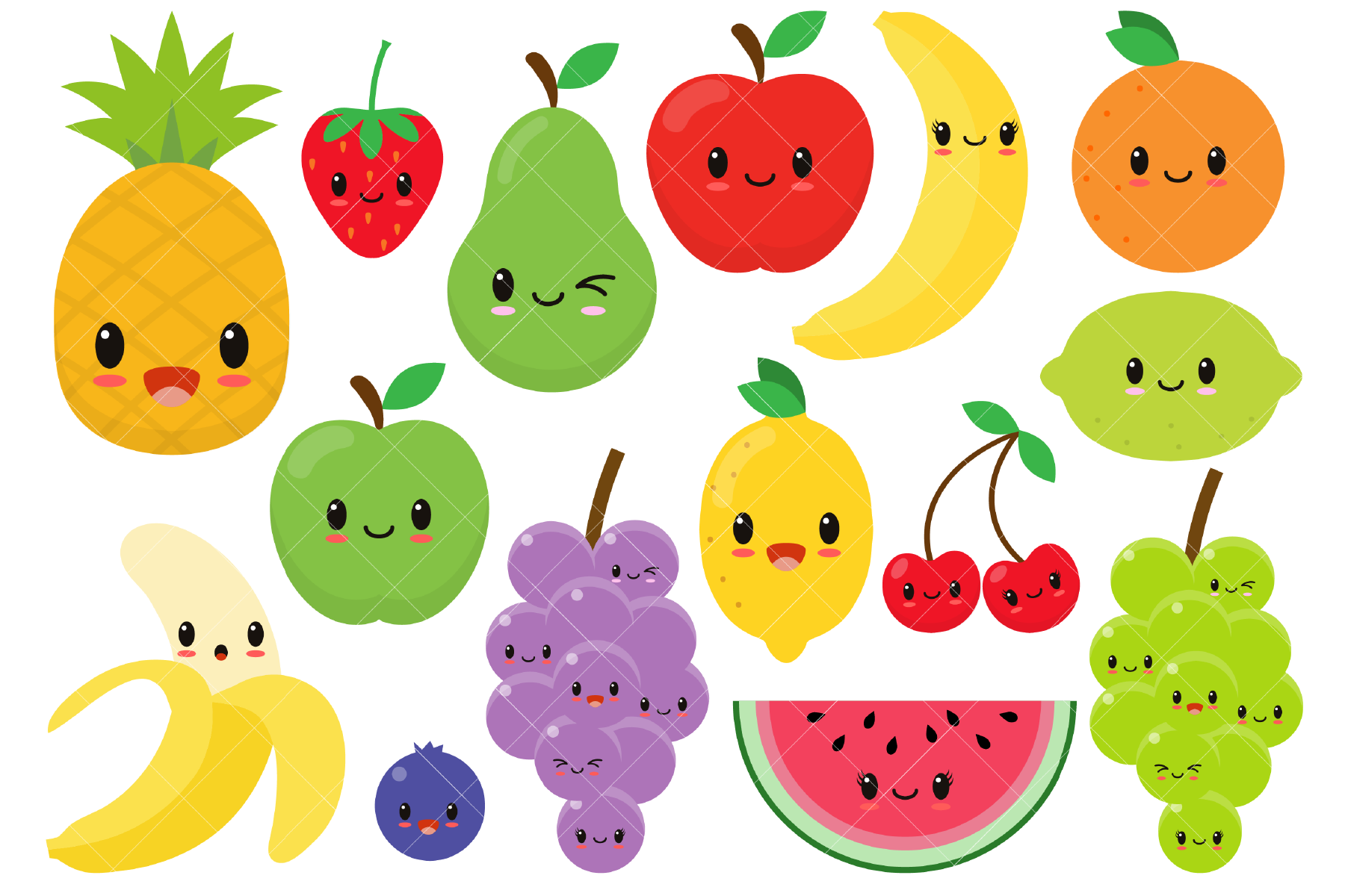 Kawaii Fruit / Cute Fruit Clipart / Happy Fruit Clip Art (444425