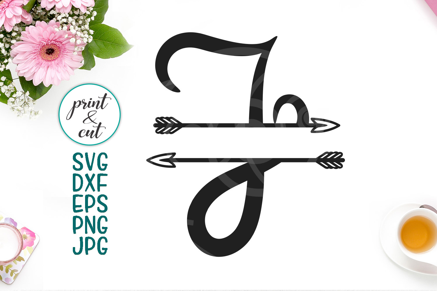 monogram letter J svg file, split font with arrows