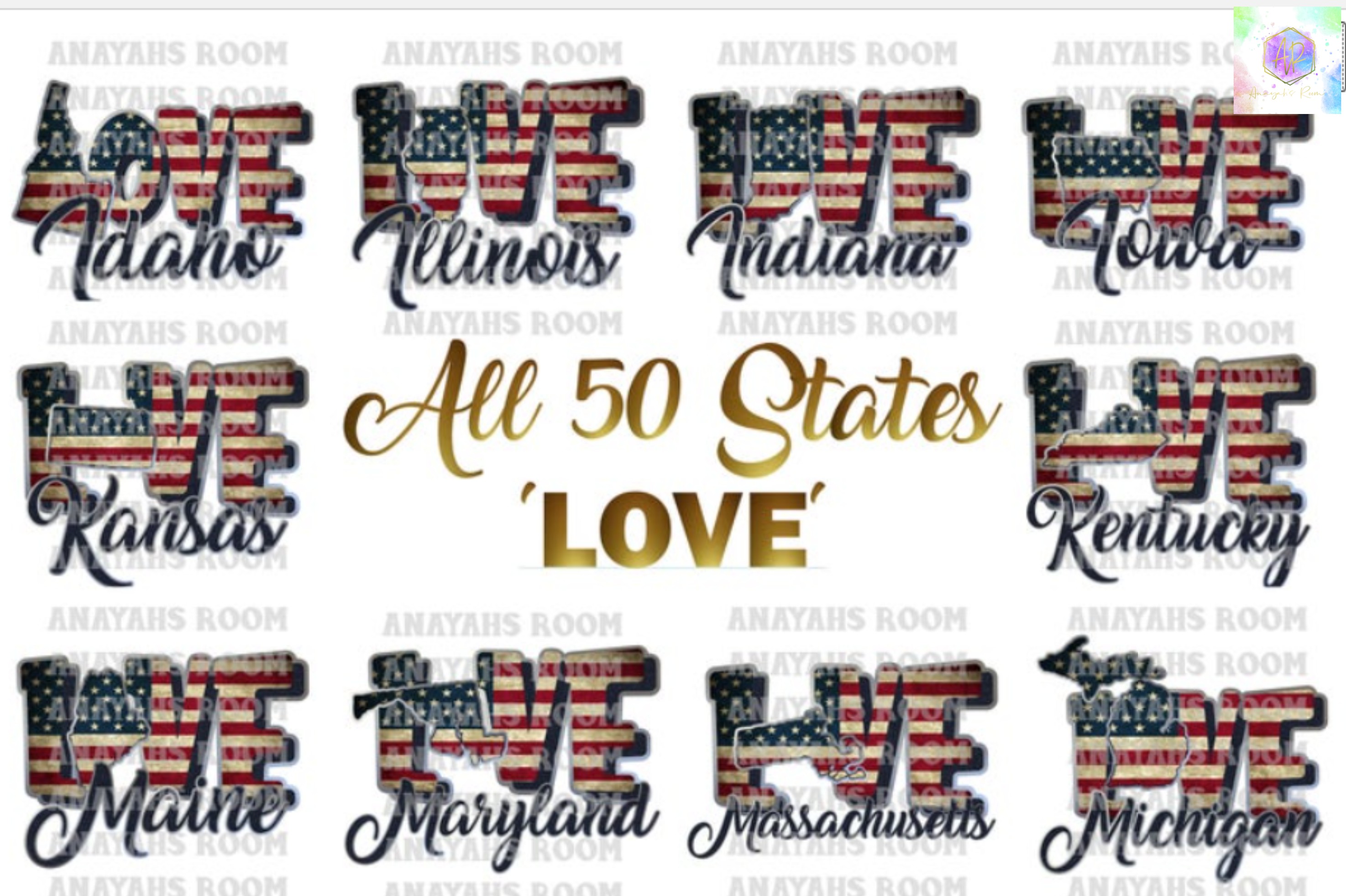 Download Sublimation HUGE 50 State LOVE Bundle With American Flag PNG