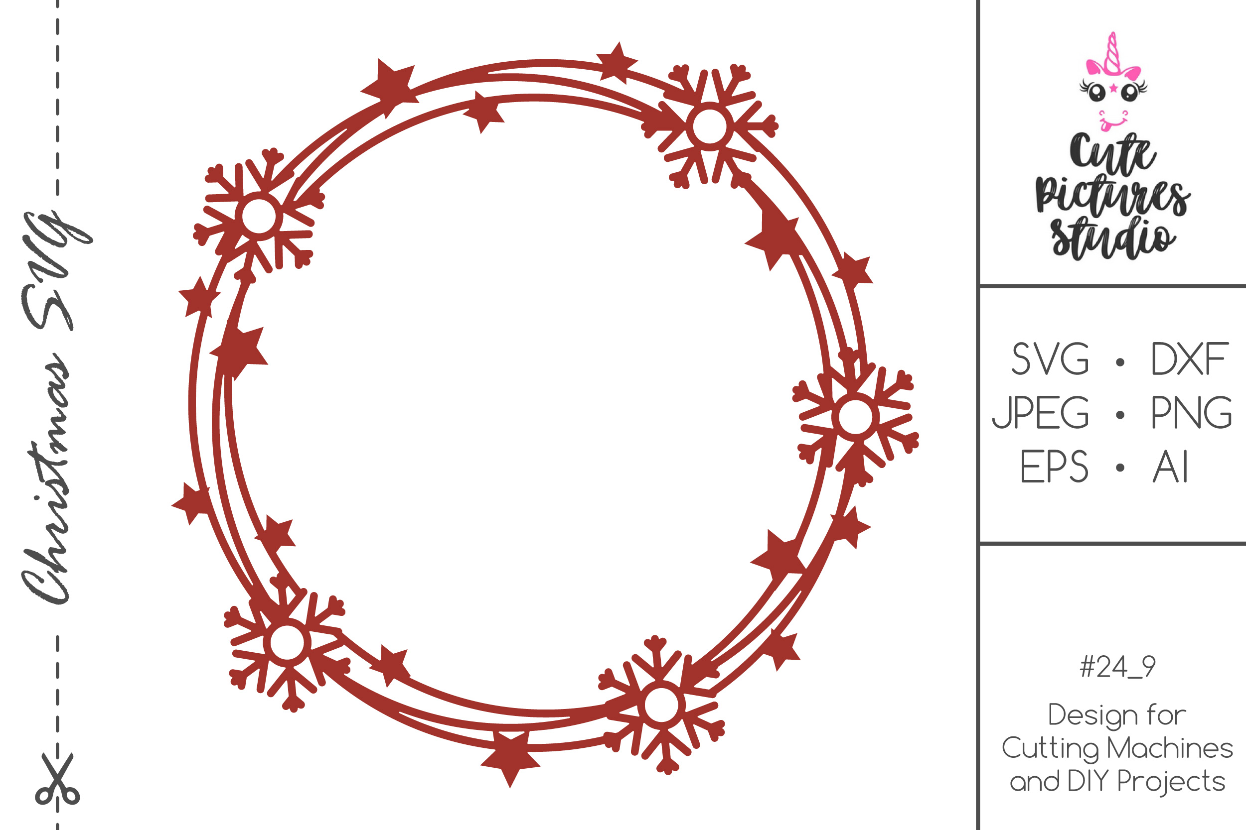 Christmas circle monogram frame with stars, snowflakes SVG