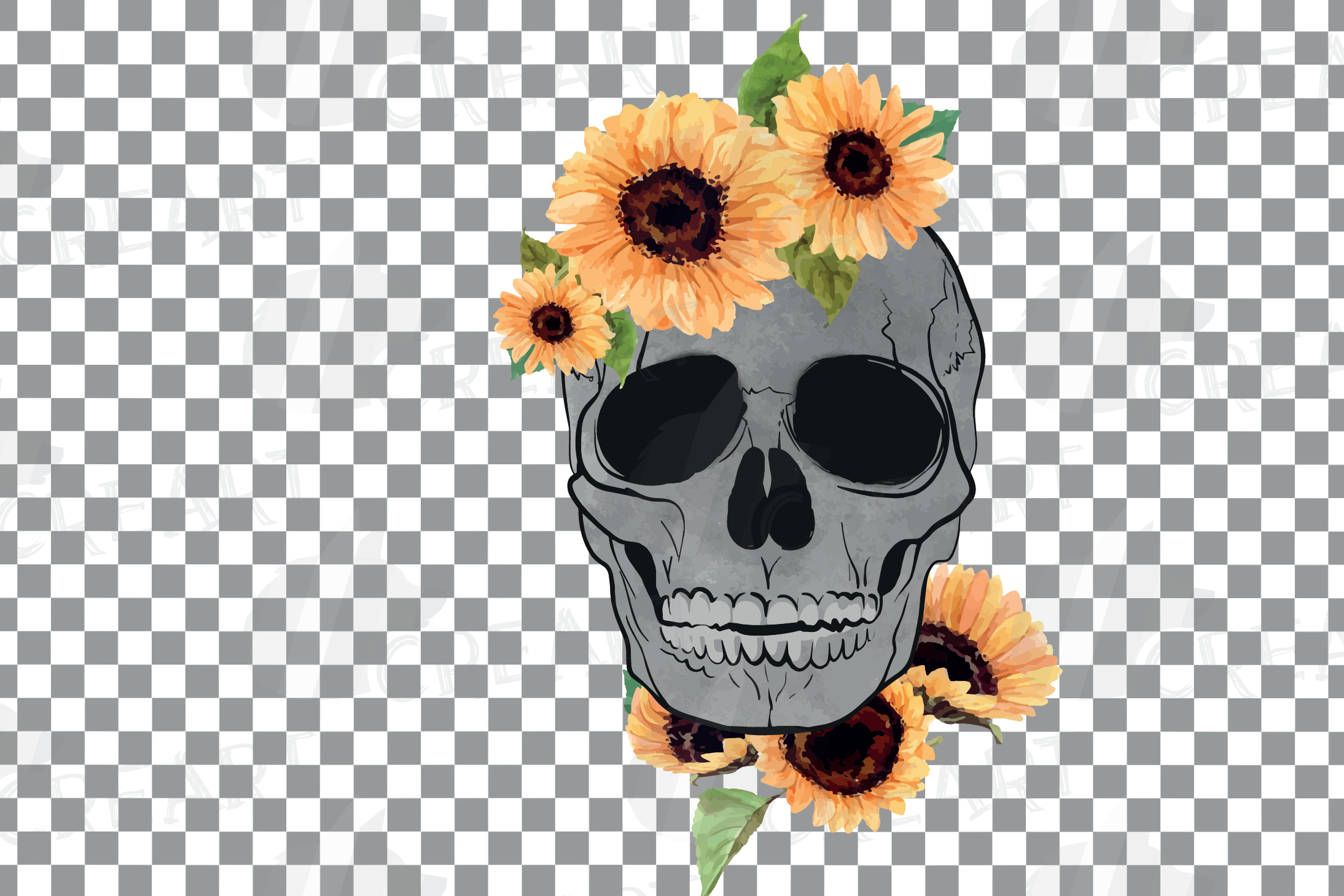 Download Sunflower skull watercolor decoration clip art. Floral skull