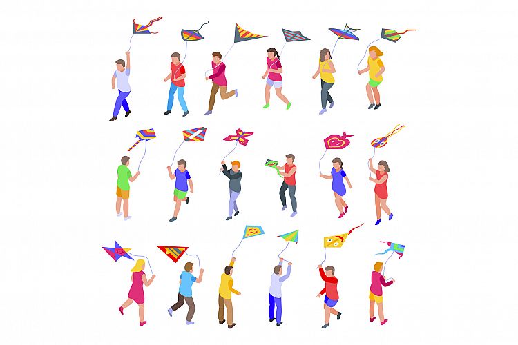 Kids playing with kite icons set, isometric style example image 1