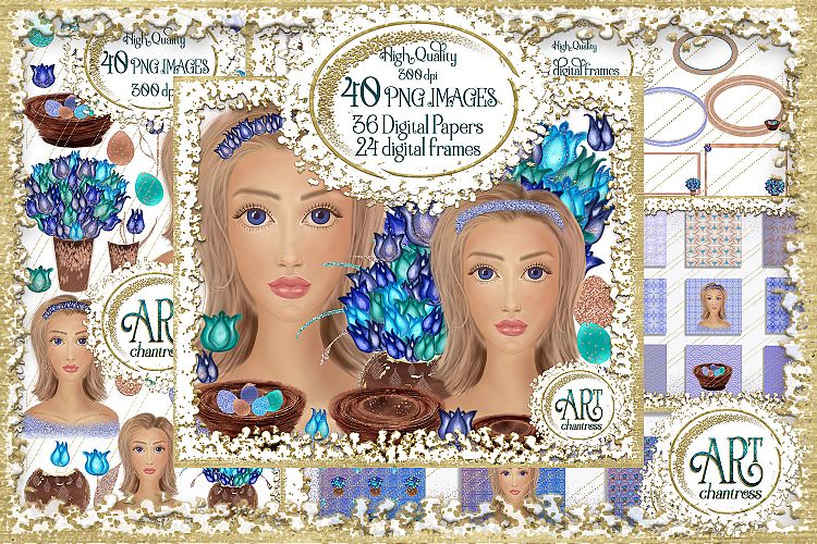 Spring Clipart Rose Gold Glitter Floral Fashion Girl- Huge !