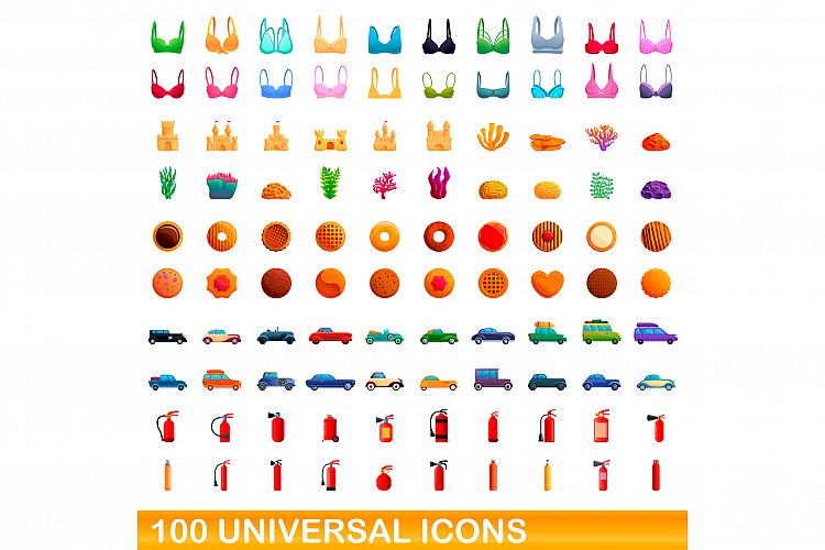 100 universal icons set, cartoon style example image 1