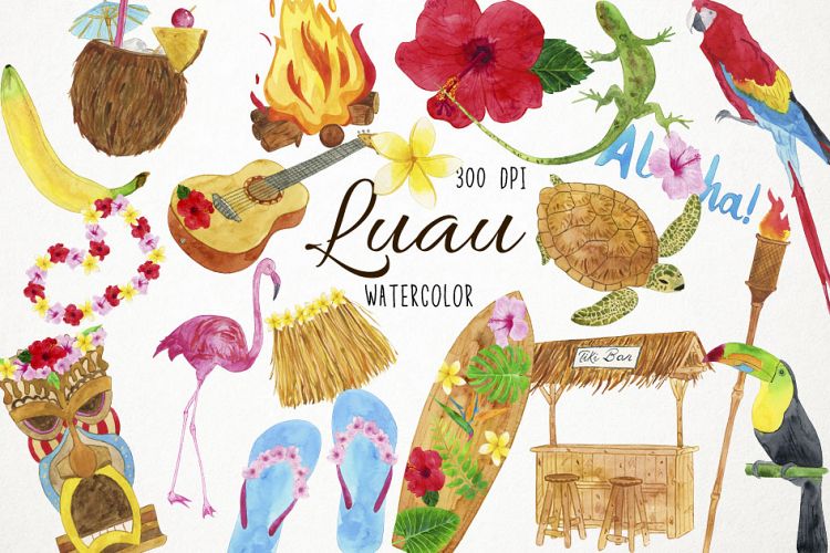 Watercolor Luau Clipart, Luau Clip Art, Hawaiian Clipart