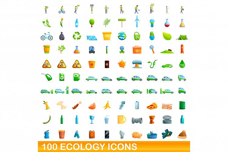 100 ecology icons set, cartoon style example image 1