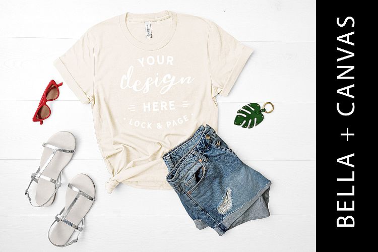 Soft Cream Bella Canvas 3001 T Shirt Mockup Flat Lay
