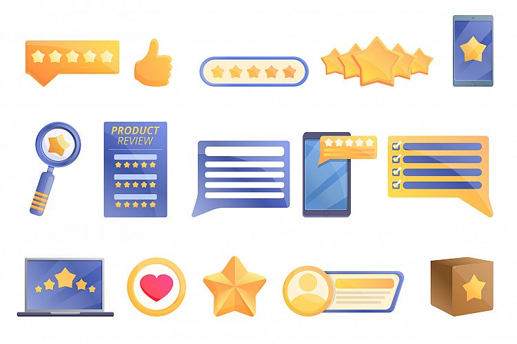 Product review icons set, cartoon style
