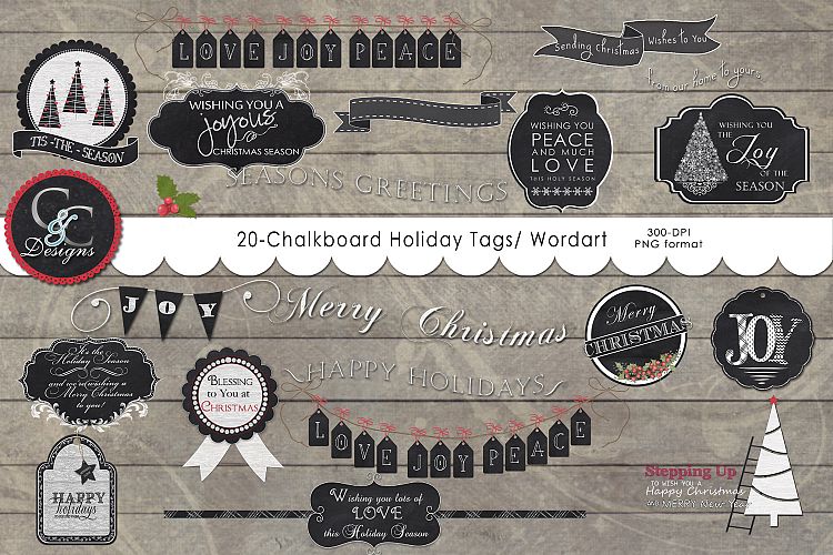 20 Chalkboard Holiday Tags- Elements/ Wordart/ Clipart