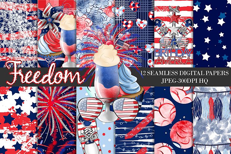 4th Of July Digital Papers, Independence Day Seamless Patterns, USA Backgrounds