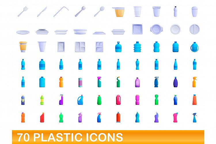 70 plastic icons set, cartoon style example image 1