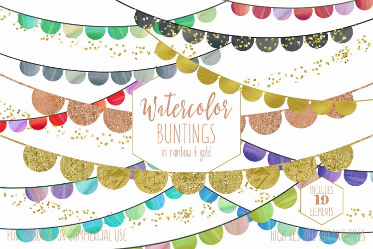 RAINBOW BUNTING BANNER Clipart Watercolor Buntings & Metallic Gold Glitter Confetti Fun Cute Birthday Party Graphics