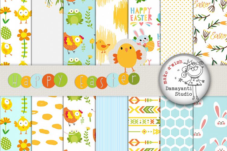 Easter digital paper Easter bunny scrapbook papers chick wallpaper easter eggs background carrot, flower, spring, planner sticker, yellow
