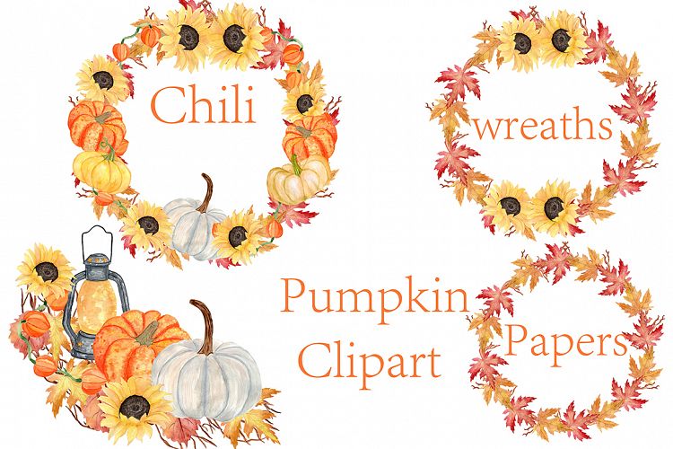 Pumpkin Watercolor Wreaths Clipart