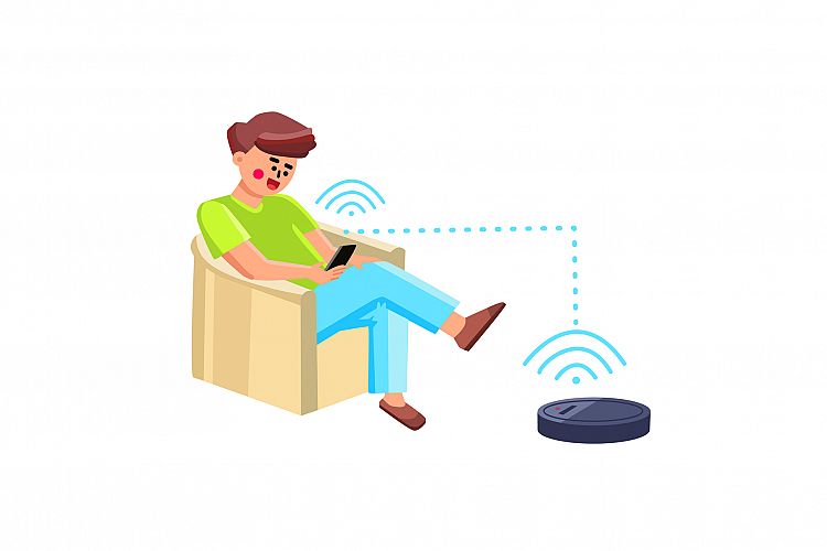 Vacuum Robot Man Controlling With Phone App Vector example image 1