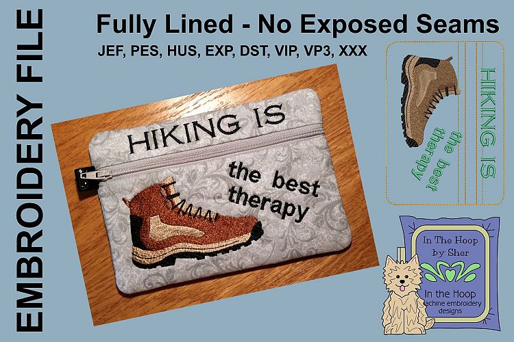 Hiking is Therapy Zipper Bag - Fully Lined, 5X7 HOOP